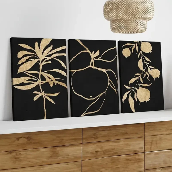 3pcs Abstract Golden Botanical Typography Black Wall Art Set Canvas Framed 40x60cm – High Quality Print 100% Australian Made Wall Canvas Ready to Hang