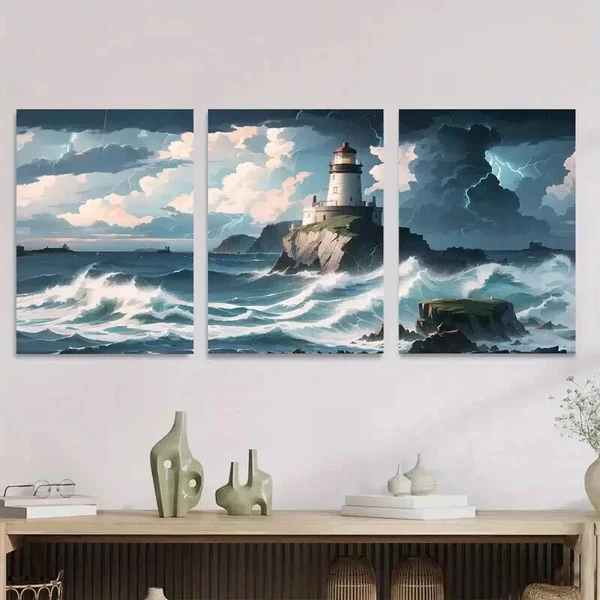 3pcs Nautical Coastal Landscape With Dramatic Wall Art Set Canvas Framed 50x70cm – High Quality Print 100% Australian Made Wall Canvas Ready to Hang