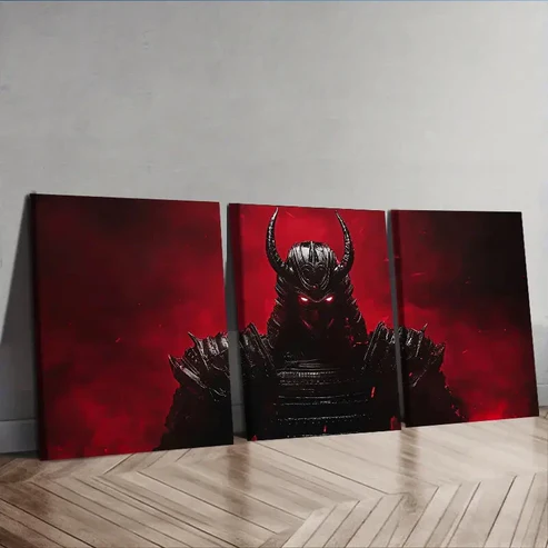 3pcs Crimson Warrior with Black Horns Wall Art Set Canvas Framed 40x60cm – High Quality Print 100% Australian Made Wall Canvas Ready to Hang