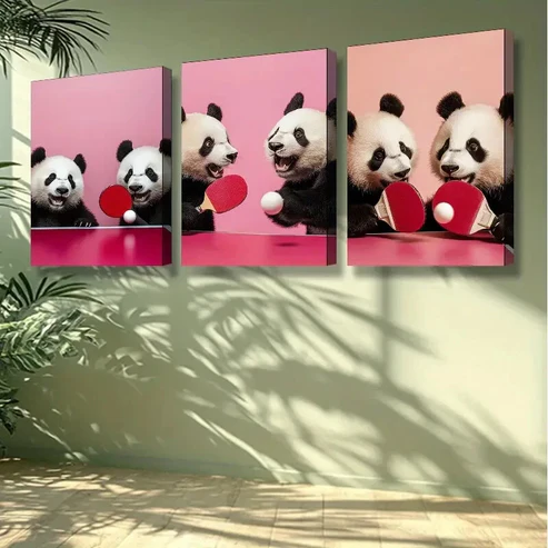 3pcs Table tennis panda Wall Art Set Canvas Framed 40x60cm -High Quality Print 100% Australian Made Wall Canvas Ready to Hang