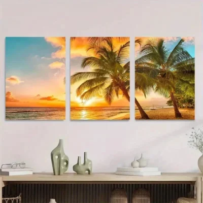 3pcs Vibrant Sunset Palm Tree Beach Sunset Wall Art Set Canvas Framed 50x70cm - High Quality Print 100% Australian Made Wall Canvas Ready to Hang