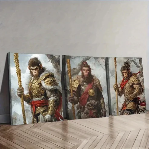 3pcs The Monkey King Mythology Theme Wall Art Set Canvas Framed 50x70cm – High Quality Print 100% Australian Made Wall Canvas Ready to Hang