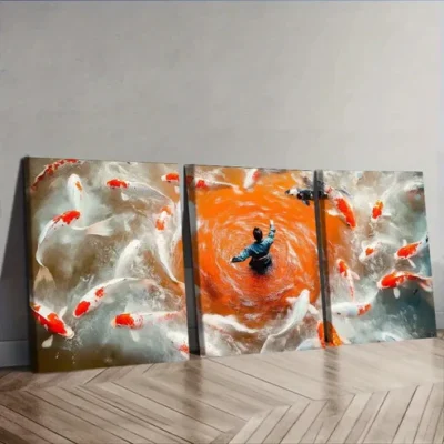 3pcs Fisherman, Koi Painting Wall Art Set Canvas Framed 40x60cm - High Quality Print 100% Australian Made Wall Canvas Ready to Hang