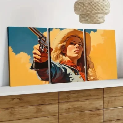 3pcs Vintage Wild West Cowgirl Blue Sky Golden Wall Art Set Canvas Framed 50x70cm - High Quality Print 100% Australian Made Wall Canvas Ready to Hang