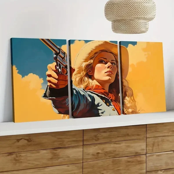 3pcs Vintage Wild West Cowgirl Blue Sky Golden Wall Art Set Canvas Framed 50x70cm – High Quality Print 100% Australian Made Wall Canvas Ready to Hang
