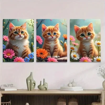 3pcs Charming Cat Trio Vibrant Floral Background Wall Art Set Canvas Framed 50x70cm - High Quality Print 100% Australian Made Wall Canvas Ready to Hang