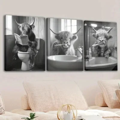 3pcs Highland Cows Bath Yaks, Gray White Buffalo Wall Art Set Canvas Framed 50x70cm - High Quality Print 100% Australian Made Wall Canvas Ready to Hang