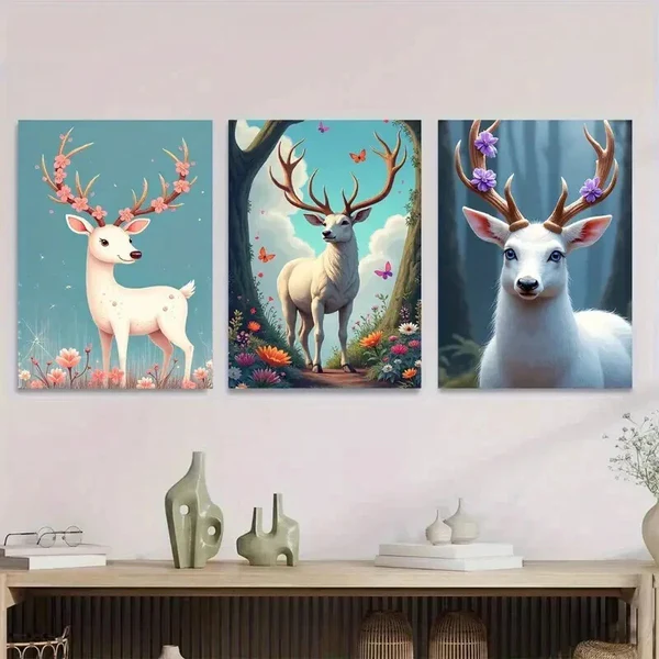 3pcs Deer Forest Triptych Blossoms & Butterflies Wall Art Set Canvas Framed 50x70cm – High Quality Print 100% Australian Made Wall Canvas Ready to Hang
