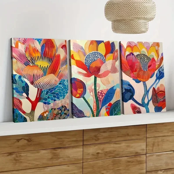 3pcs Colorful Blooming Flowers Botanical Red Wall Art Set Canvas Framed 50x70cm – High Quality Print 100% Australian Made Wall Canvas Ready to Hang