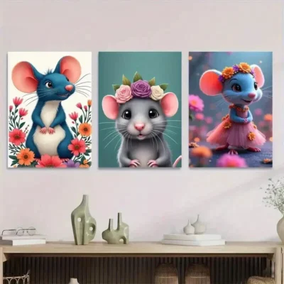 3pcs Charming Mouse Cute Animal Picture Wall Art Set Canvas Framed 50x70cm - High Quality Print 100% Australian Made Wall Canvas Ready to Hang