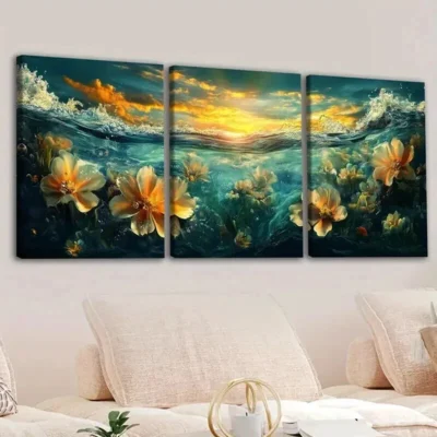 3pcs Fashion Sea Flower Art Sunset White Flowers Wall Art Set Canvas Framed 50x70cm - High Quality Print 100% Australian Made Wall Canvas Ready to Hang