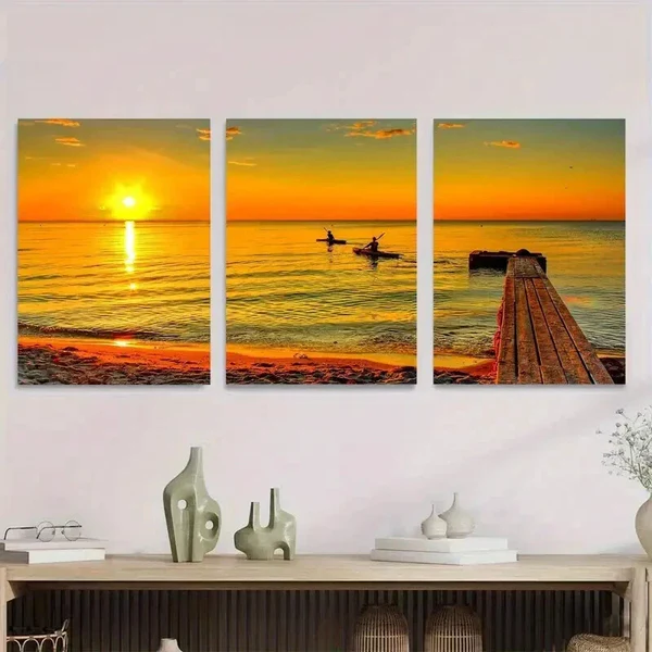 3pcs Sunset Beach Fishing Boats Ocean Vibrant Wall Art Set Canvas Framed 40x60cm – High Quality Print 100% Australian Made Wall Canvas Ready to Hang