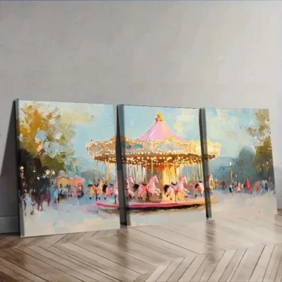 3pcs The pink carousel Wall Art Set Canvas Framed 50x70cm - High Quality Print 100% Australian Made Wall Canvas Ready to Hang