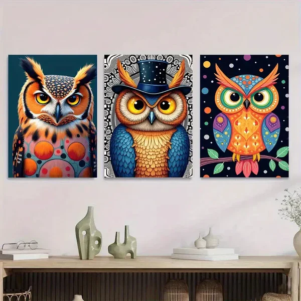 3pcs Colorful Owl Vibrant Modern Dark Blue Wall Art Set Canvas Framed 50x70cm – High Quality Print 100% Australian Made Wall Canvas Ready to Hang