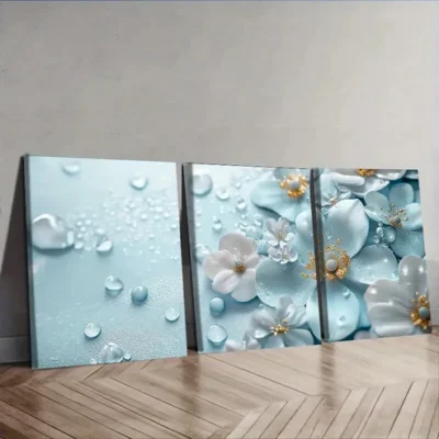 3pcs Featuring Turquoise Glass Flowers Wall Art Set Canvas Framed 40x60cm - High Quality Print 100% Australian Made Wall Canvas Ready to Hang