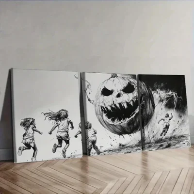 3pcs Giant pumpkins and kids Painting Wall Art Set Canvas Framed 50x70cm - High Quality Print 100% Australian Made Wall Canvas Ready to Hang
