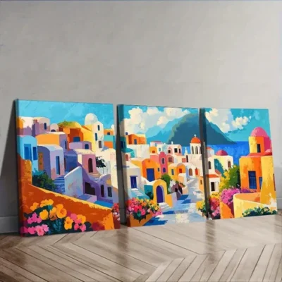 3pcs Greek island style town Wall Art Set Canvas Framed 40x60cm - High Quality Print 100% Australian Made Wall Canvas Ready to Hang