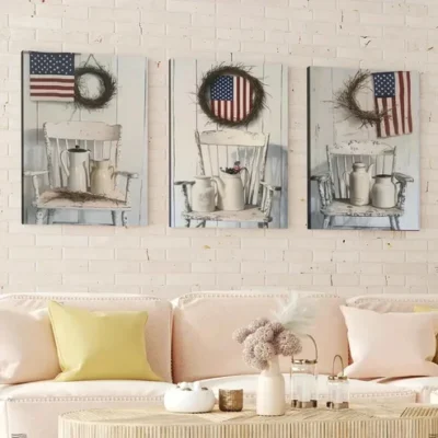 3pcs Old White Chair Two Milk Jugs Lovers Flag Wall Art Set Canvas Framed 50x70cm - High Quality Print 100% Australian Made Wall Canvas Ready to Hang