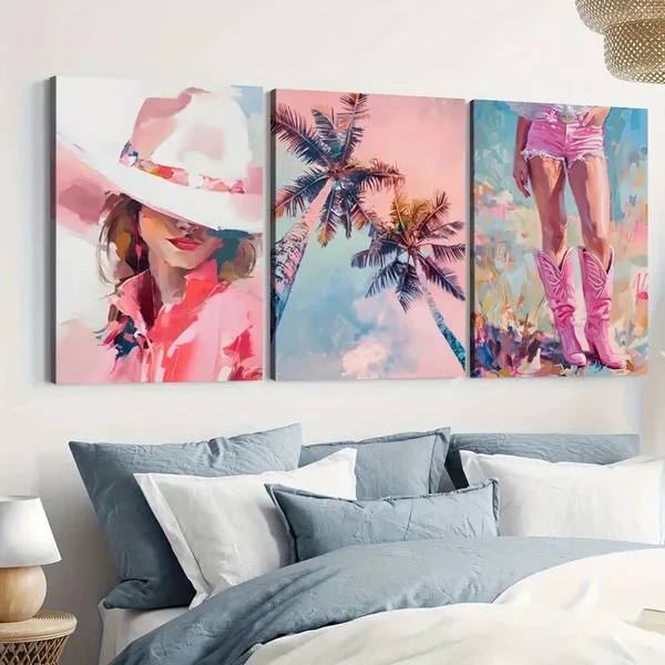 3pcs Palm Summer Cowgirl Girly Trendy Dorm Wall Art Set Canvas Framed 40x60cm – High Quality Print 100% Australian Made Wall Canvas Ready to Hang