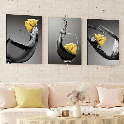 3pcs Abstract Black & Yellow Accents Wine Glass Wall Art Set Canvas Framed 50x70cm – High Quality Print 100% Australian Made Wall Canvas Ready to Hang