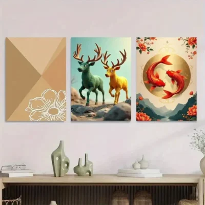 3pcs Chic Traditional Deer & Koi Fish Nature Wall Art Set Canvas Framed 40x60cm - High Quality Print 100% Australian Made Wall Canvas Ready to Hang