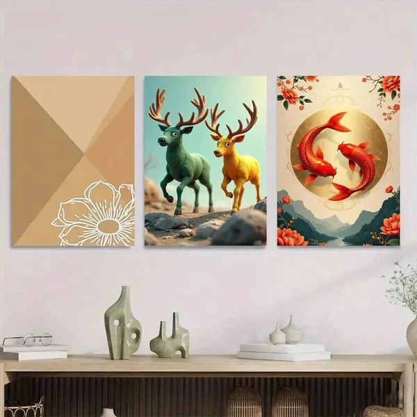 3pcs Chic Traditional Deer & Koi Fish Nature Wall Art Set Canvas Framed 40x60cm – High Quality Print 100% Australian Made Wall Canvas Ready to Hang