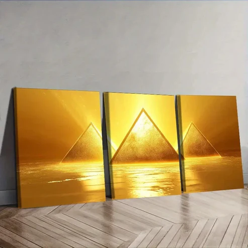 3pcs A glowing yellow triangle Wall Art Set Canvas Framed 40x60cm – High Quality Print 100% Australian Made Wall Canvas Ready to Hang