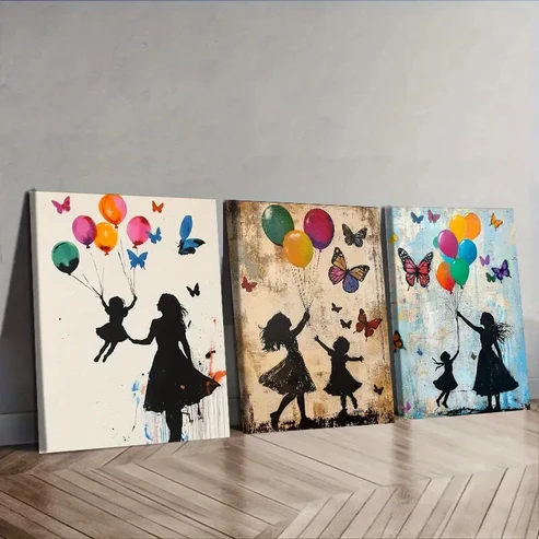 3pcs Little girl and butterfly balloon Wall Art Set Canvas Framed 40x60cm – High Quality Print 100% Australian Made Wall Canvas Ready to Hang
