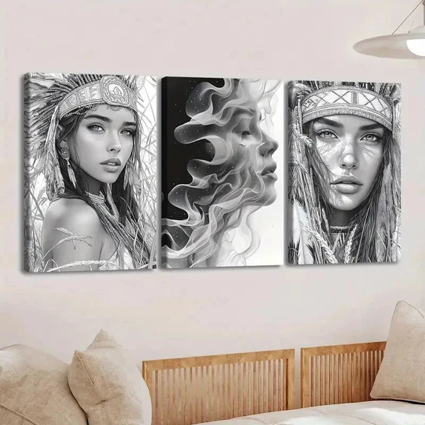 3pcs Elegant Abstract Ladies Gray & White Native Wall Art Set Canvas Framed 50x70cm – High Quality Print 100% Australian Made Wall Canvas Ready to Hang