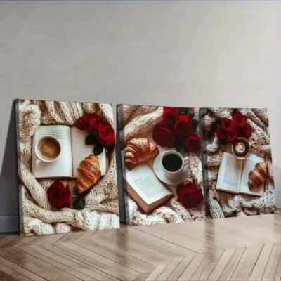 3pcs A book, red roses, bread Wall Art Set Canvas Framed 50x70cm - High Quality Print 100% Australian Made Wall Canvas Ready to Hang