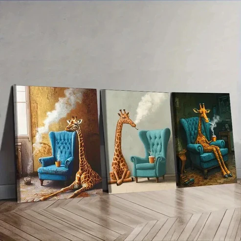 3pcs Giraffe & Armchair Wall Art Set Canvas Framed 50x70cm – High Quality Print 100% Australian Made Wall Canvas Ready to Hang