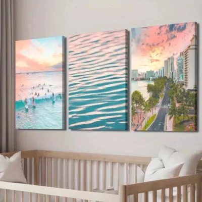 3pcs Surfing Sunset Ocean Waves Decor Wall Art Set Canvas Framed 50x70cm - High Quality Print 100% Australian Made Wall Canvas Ready to Hang