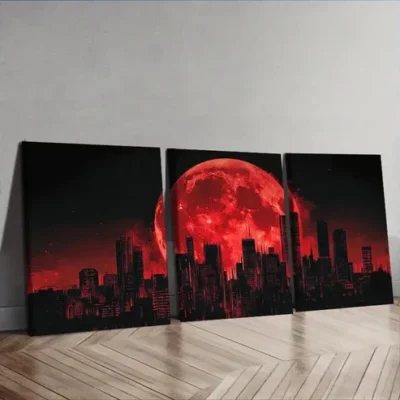 3pcs Big Red Moon Over Cityscape Wall Art Set Canvas Framed 50x70cm - High Quality Print 100% Australian Made Wall Canvas Ready to Hang