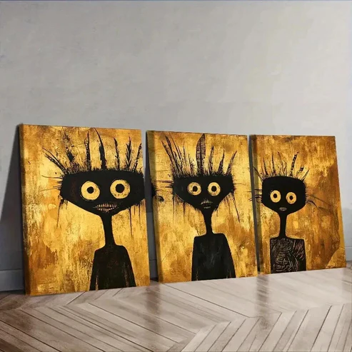 3pcs A Black And Golden Abstract Portrait Wall Art Set Canvas Framed 50x70cm – High Quality Print 100% Australian Made Wall Canvas Ready to Hang