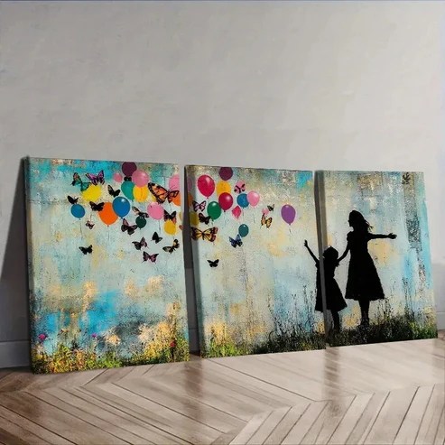 3pcs Little girl and butterfly balloon Wall Art Set Canvas Framed 40x60cm – High Quality Print 100% Australian Made Wall Canvas Ready to Hang