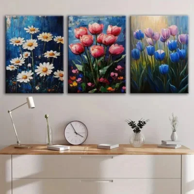3pcs Exquisite And Charming Floral Blue Red Sun Wall Art Set Canvas Framed 50x70cm - High Quality Print 100% Australian Made Wall Canvas Ready to Hang
