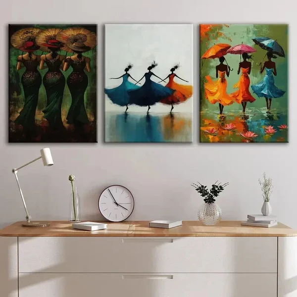 3pcs Elegant Women Orange Blue Vibrant Abstract Wall Art Set Canvas Framed 50x70cm – High Quality Print 100% Australian Made Wall Canvas Ready to Hang