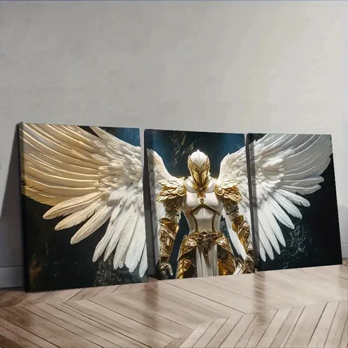 3pcs Angel in White and Golden Armor Wall Art Set Canvas Framed 50x70cm – High Quality Print 100% Australian Made Wall Canvas Ready to Hang