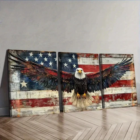 3pcs The eagle in front of the American flag Wall Art Set Canvas Framed 50x70cm – High Quality Print 100% Australian Made Wall Canvas Ready to Hang
