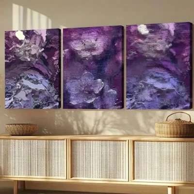 3pcs Purple Flower Abstract Elegant Artistic Wall Art Set Canvas Framed 50x70cm - High Quality Print 100% Australian Made Wall Canvas Ready to Hang