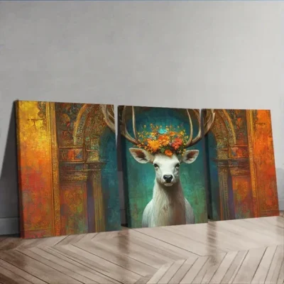 3pcs A white deer with flowers on its head Wall Art Set Canvas Framed 40x60cm - High Quality Print 100% Australian Made Wall Canvas Ready to Hang