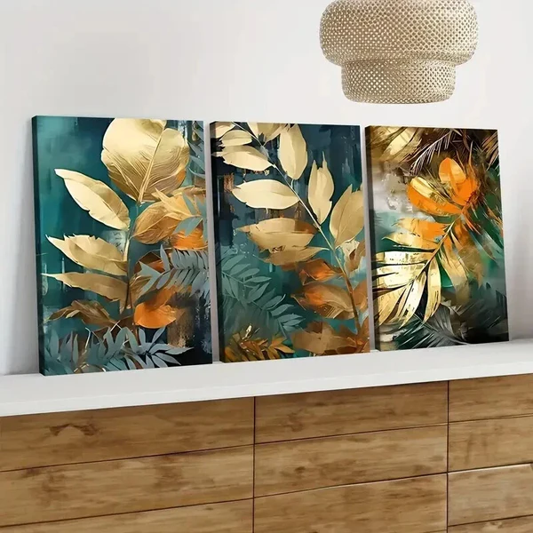 3pcs Modern Art Natural Plant Leaf Golden Leaves Wall Art Set Canvas Framed 50x70cm – High Quality Print 100% Australian Made Wall Canvas Ready to Hang