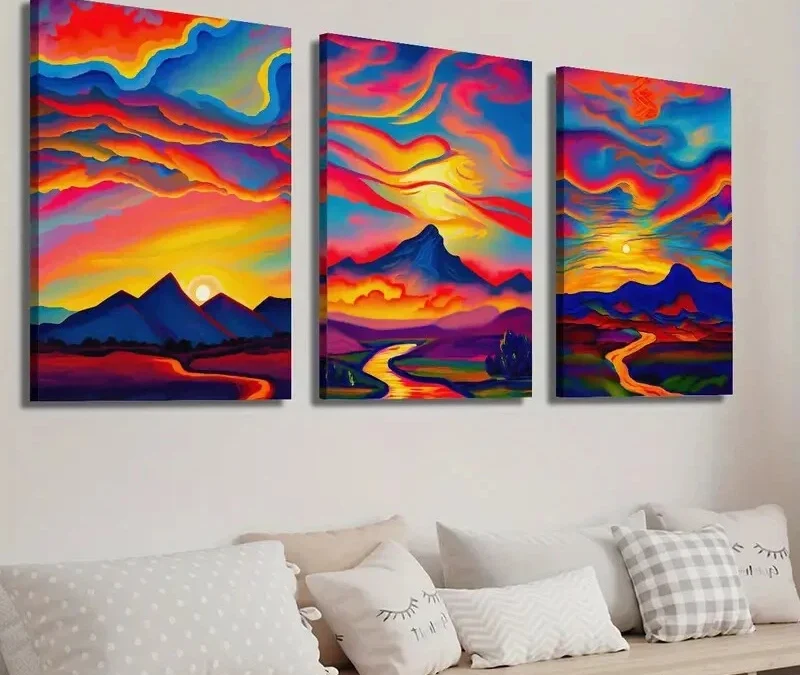 3pcs Colorful Sunset Landscape Painting Wall Art Set Canvas Framed 40x60cm – High Quality Print 100% Australian Made Wall Canvas Ready to Hang