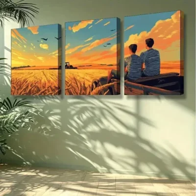 3pcs Wheat, field Art Painting Wall Art Set Canvas Framed 50x70cm - High Quality Print 100% Australian Made Wall Canvas Ready to Hang