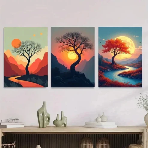 3pcs Vibrant Sunset Trees And Mountain beautiful Wall Art Set Canvas Framed 50x70cm – High Quality Print 100% Australian Made Wall Canvas Ready to Hang