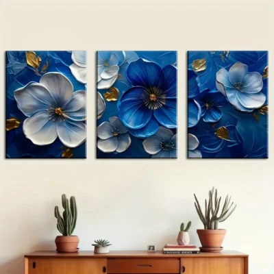 3pcs Blue And White Floral Patterns Wall Art Set Canvas Framed 40x60cm - High Quality Print 100% Australian Made Wall Canvas Ready to Hang