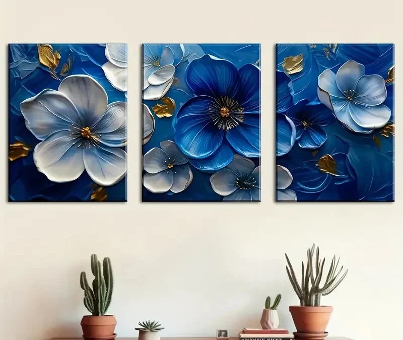 3pcs Blue And White Floral Patterns Wall Art Set Canvas Framed 40x60cm – High Quality Print 100% Australian Made Wall Canvas Ready to Hang