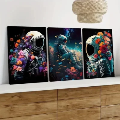3pcs Vintage Floral Astronaut Colourful Space Wall Art Set Canvas Framed 40x60cm - High Quality Print 100% Australian Made Wall Canvas Ready to Hang