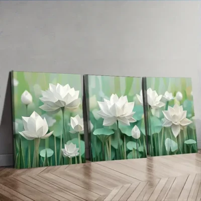 3pcs White lotus flower Wall Art Set Canvas Framed 40x60cm - High Quality Print 100% Australian Made Wall Canvas Ready to Hang