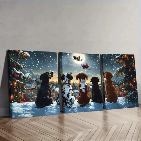 3pcs Festive Dogs Watching Santa Claus Wall Art Set Canvas Framed 40x60cm – High Quality Print 100% Australian Made Wall Canvas Ready to Hang